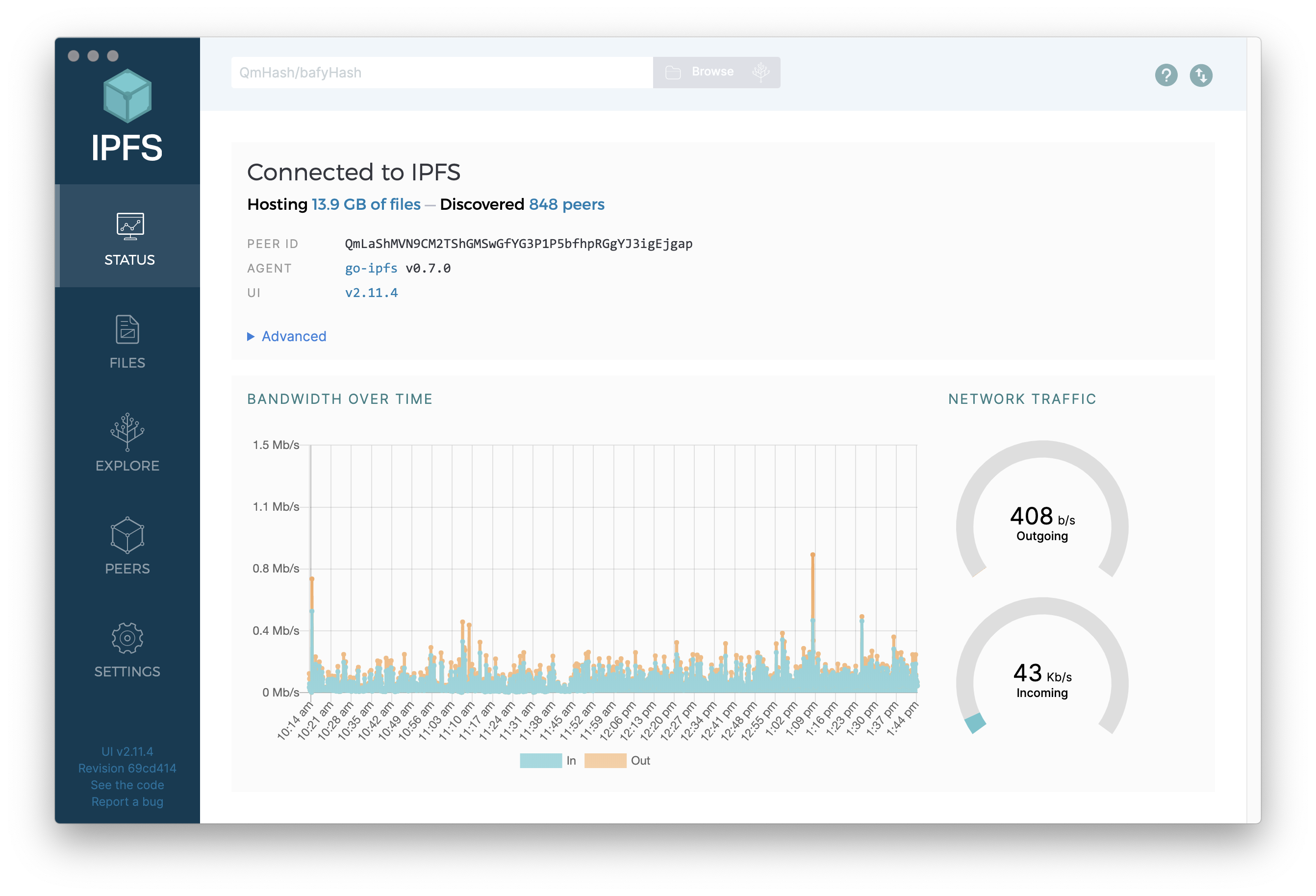 Status screen of IPFS Desktop